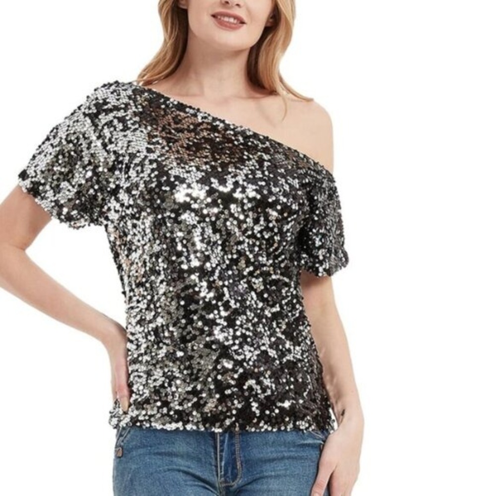 ANNA KACI Black Silver Sequin One Shoulder Asymmetrical Party Top Large